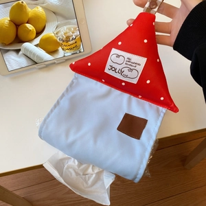 Hanging house-shaped tissue holder made of red polka dot canvas and blue fabric