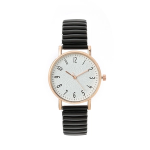Minimalist quartz watch with rose gold case, white textured dial and black flexible band