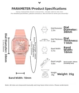 Detailed size parameters of pink square quartz watch with flexible silicone strap