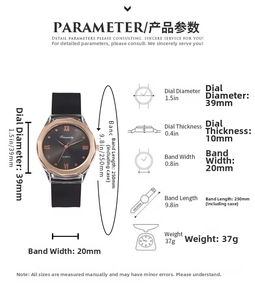 Size chart showing dial diameter, thickness, and band dimensions for this quartz watch