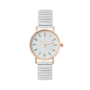 Minimalist women's watch with rose gold case and white textured dial on white background