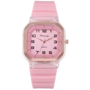 Montre quartz carrée en silicone rose avec lunette or rose et cadran à chiffres pour adultes