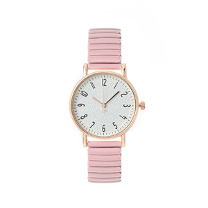 Elegant women's quartz watch with pink link strap and rose gold round metal case