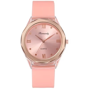 Pink silicone strap quartz watch for women with rose gold octagonal bezel and roman numerals