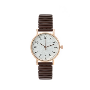 Retro rose gold women's watch with brown elastic strap and white Arabic numeral dial