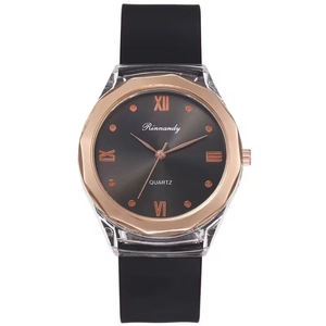 Women's minimalist quartz watch with black silicone strap and rose gold Roman dial