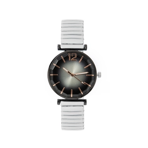 Women's watch with white stretch band and faceted crystal over a black sunray dial
