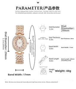 Tableau des tailles montrant le cadran strass 29mm et les dimensions 220mm