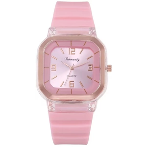 Pink silicone square quartz watch for women with rose gold frame and gradient dial