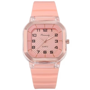 Montre à quartz carrée avec bracelet en silicone rose et boîtier en or rose