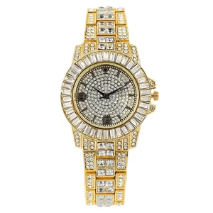 Luxurious gold-plated watch with full rhinestone embellishment and Roman numerals