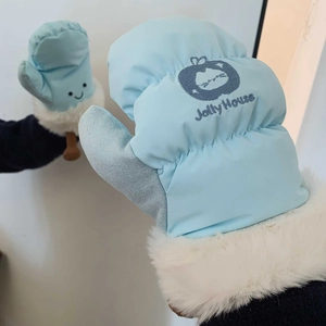 Light blue windproof ski mittens with thick white faux fur cuffs and cute cat embroidery