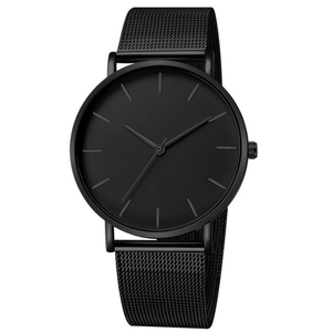 Minimalist black quartz watch for men with mesh metal strap and sleek round dial