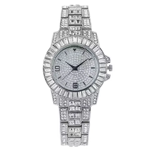 Silver iced out watch with full diamond steel band and Roman numeral crystal dial