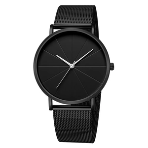 Minimalist all-black men's watch with mesh steel strap and ray-patterned dial