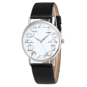 Minimalist quartz watch with cat patterns on white dial and black leather strap