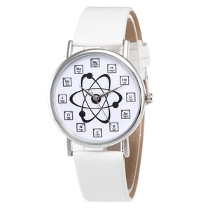 Creative quartz watch with chemical elements dial and white leather strap for men and women