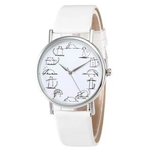 Women Quartz Watch Cartoon Cat Pattern Faux Leather Strap Round Alloy Case Casual Fashion Wristwatch