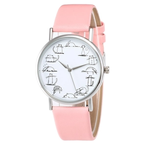 Stylish quartz watch with pink leather strap and cute cartoon cat pattern on white dial