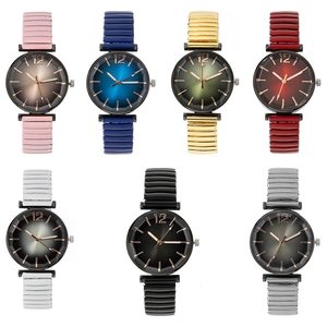 Set of seven colorful women's quartz watches with faceted glass and elastic metal bands
