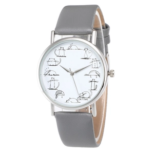 Stylish quartz watch with a silver case, grey leather strap and cartoon cat dial design