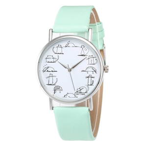 Fashionable quartz watch with mint green leather strap and cute cat pattern on white dial