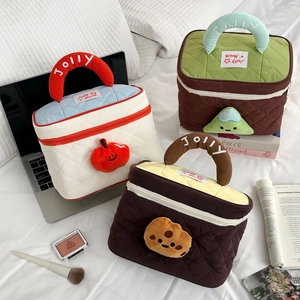 Detailed view of quilted makeup bags with cartoon handles and JOLLY embroidered straps