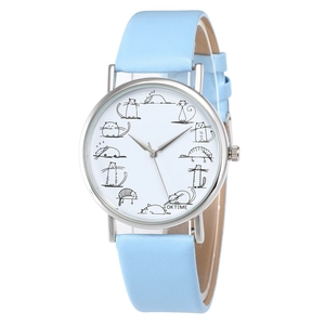 Detail of light blue leather strap and silver watch case with cartoon cat dial illustrations