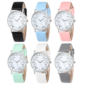 Detailed grid of six cartoon cat themed watches with colorful matte leather straps