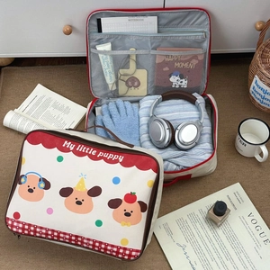 Cute cartoon travel tote bag with puppy print and luggage sleeve for large storage