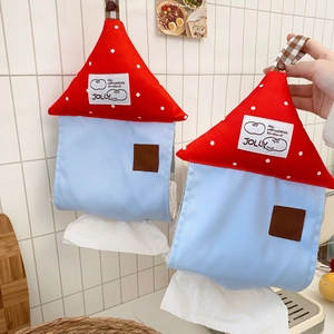 Hanging house-shaped tissue box in red polka dot roof and blue canvas fabric