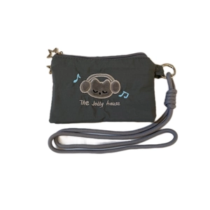 Gray cat crossbody pouch with embroidery and star zipper for cards or earphones