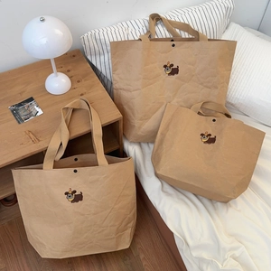 Cartoon Dog Embroidery Kraft Paper Tote Handbag Wrinkled Texture Retro Simple Women Commute Travel Shoulder Bag