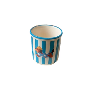 Blue and white striped ceramic dog mug with a cute dachshund pattern and blue glazed rim