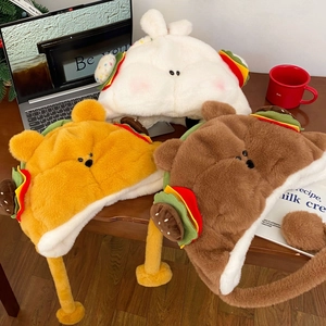 Détails des bonnets en peluche hamburger ours avec protège-oreilles en blanc et jaune