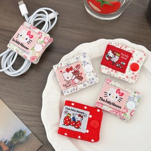 Cartoon Cat Fabric Cable Organizer Portable Snap Button Desktop Data Line Cord Management Floral Pattern Cute