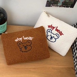 Cute embroidered teddy bear plush makeup bags in brown and white with zipper closure