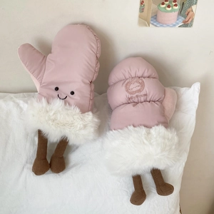 Detailed view of pink windproof ski mittens featuring soft plush trim and cute foot design