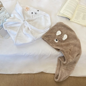 Absorbent coral fleece hair drying towels with cute animal ears in white and brown