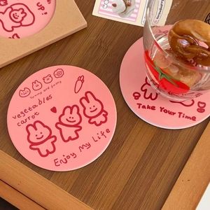 Round Ceramic Coaster Pink Cartoon Rabbit Heat Insulated Table Mat Anti Scald Drink Pad For Home Office Girl Style