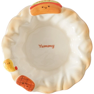 Creative bread-themed ceramic salad bowl with embossed 3D food designs and Yummy text