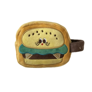 Cute hamburger-shaped plush camera storage bag with cartoon embroidery and a wrist strap