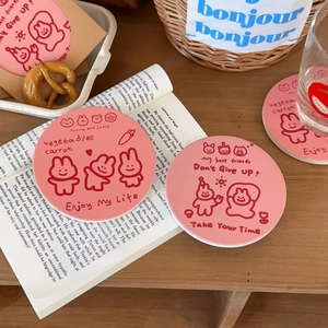 Pink cartoon rabbit ceramic heat-resistant coaster with cute carrot patterns for desk