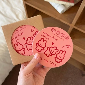 Pink cartoon rabbit ceramic coaster with gift box packaging for desktop heat protection