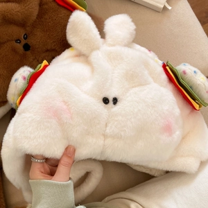 Bonnet peluche blanc avec longues oreilles et doublure chaude pour femme hiver chaud