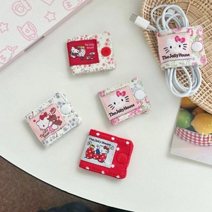 Detailed set of 5 cute cat fabric cable organizers with snap buttons for wire management