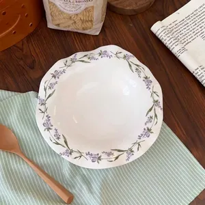 French Retro Ceramic Dessert Plate Lavender Floral Pattern Scalloped Wavy Edge Irregular Salad Bowl Elegant Home Dining Tableware