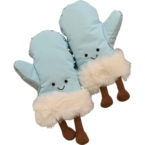 Funny blue winter ski mittens with plush trim and cute decorative hanging legs for women