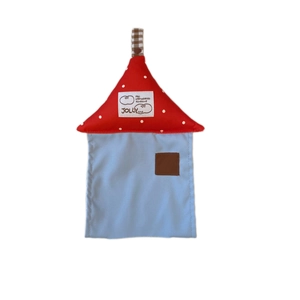 Hanging tissue box cover house shaped with red polka dot roof and blue fabric wall