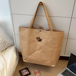 Brown crinkle texture tote bag with cartoon dog embroidery and large capacity